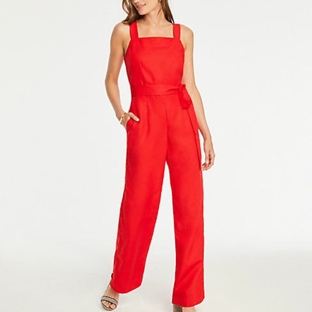 Ann Taylor Red Square Neck Linen Blend Jumpsuit Size 8